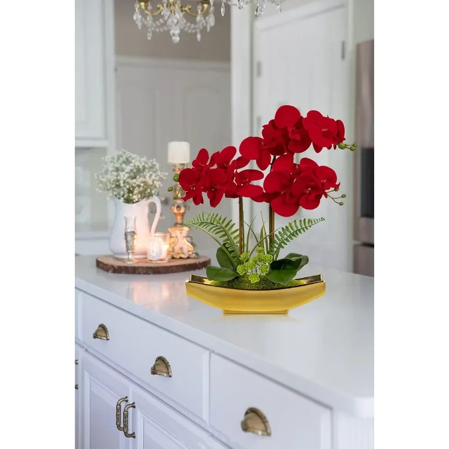 17 Silk Red Orchid Floral Arrangement with Gold Pot Real Touch Faux Orchid Plant for Home Office Room Kitchen Table Centerpiece