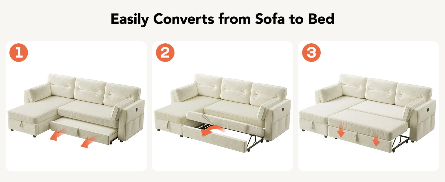 Sectional Sofa Bed with Reversible Storage Chaise, Pull Out Couch Bed Convertible Cloud Chenille Couch with USB Charging & Side