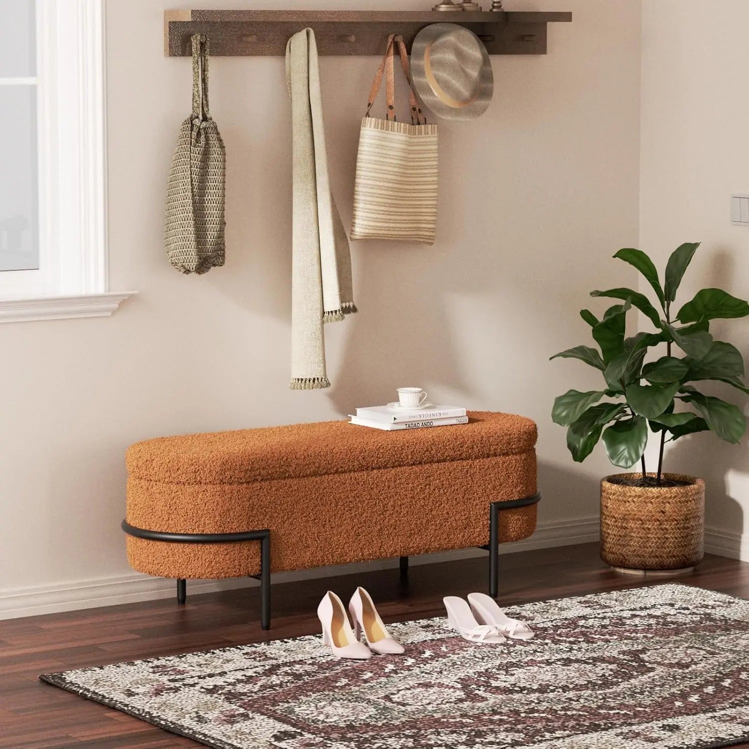 Sherpa Upholstered Storage Ottoman Bench – Metal Stand Living Room Bench