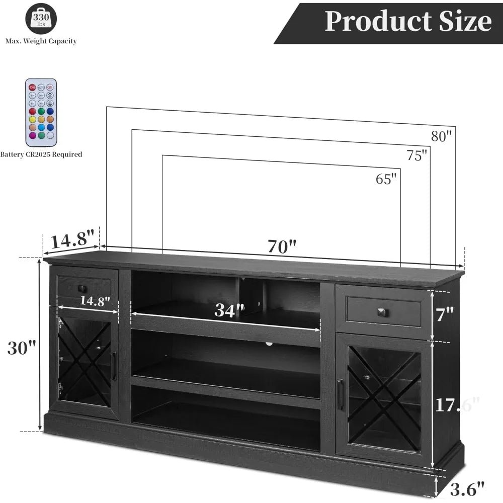 70 Inch Farmhouse TV Stand Table for 75 80 inch TV, Modern Entertainment Center with LED Lights and Glass Doors, Wooden