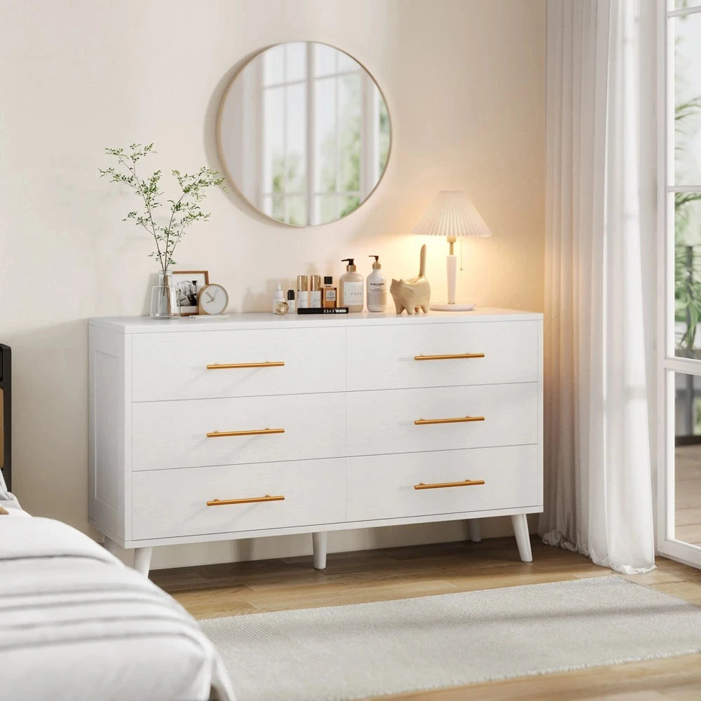 6 Drawer Dresser, Gold Metal Handle, Double Layer Wooden Storage Cabinet for Bedroom Living Room, White