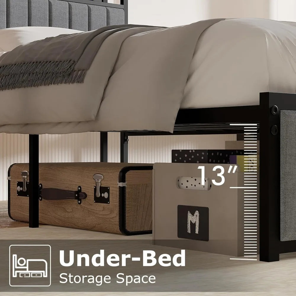 Twin Size Bed Frame with Upholstered Headboard – Heavy-Duty Steel Slats (Grey & Black)