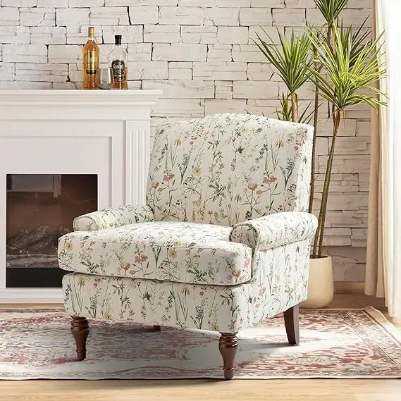 Floral Upholstered Accent Chair – Armchair with Solid Legs & Removable Cushion