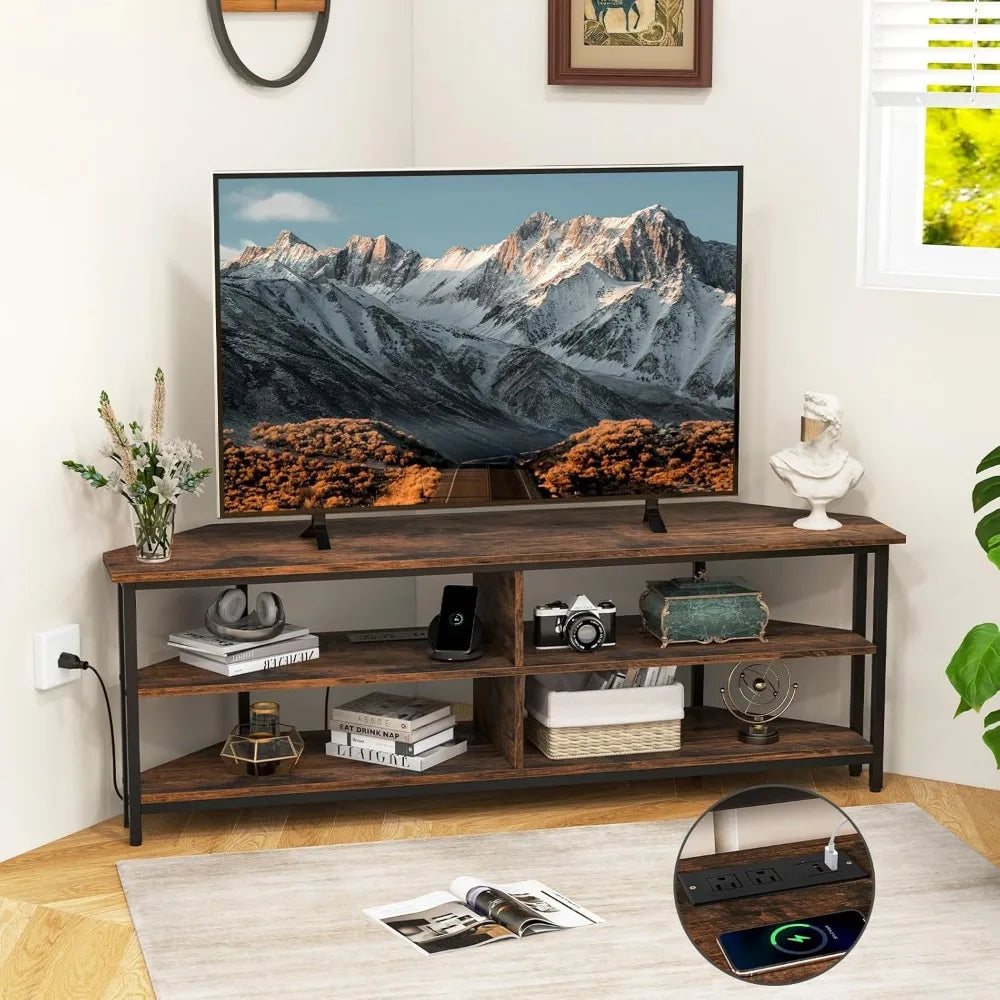 Corner TV Stand for TVs up to 65”, TV Console Table w/AC Outlets, USB A Ports, USB C Port, Metal Frame & Storage Shelve