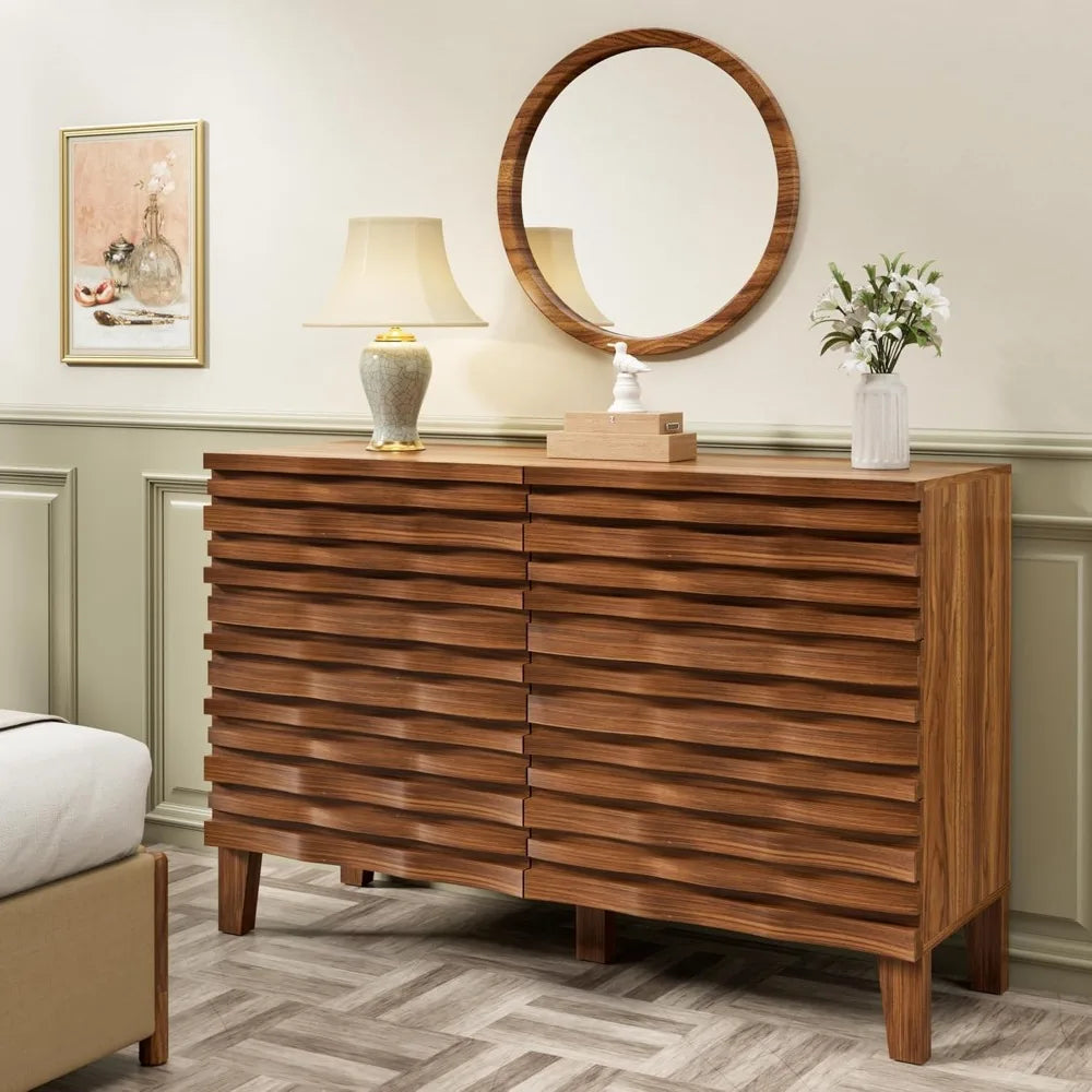 Solid Wood Face 6 Drawer Dresser,Mid Century Modern Dresser with Chest,Flutted Chest of Drawers with Moire Patten for Bedroom,