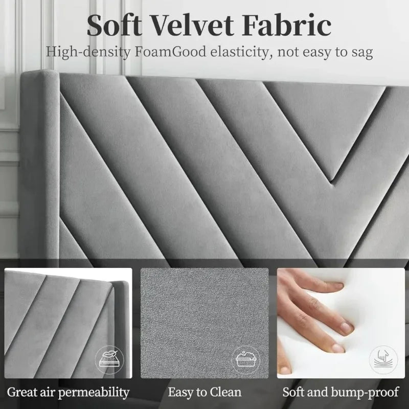 Upholstered Platform Bed Frame – Tufted Wingback Headboard with Wooden Slat Support