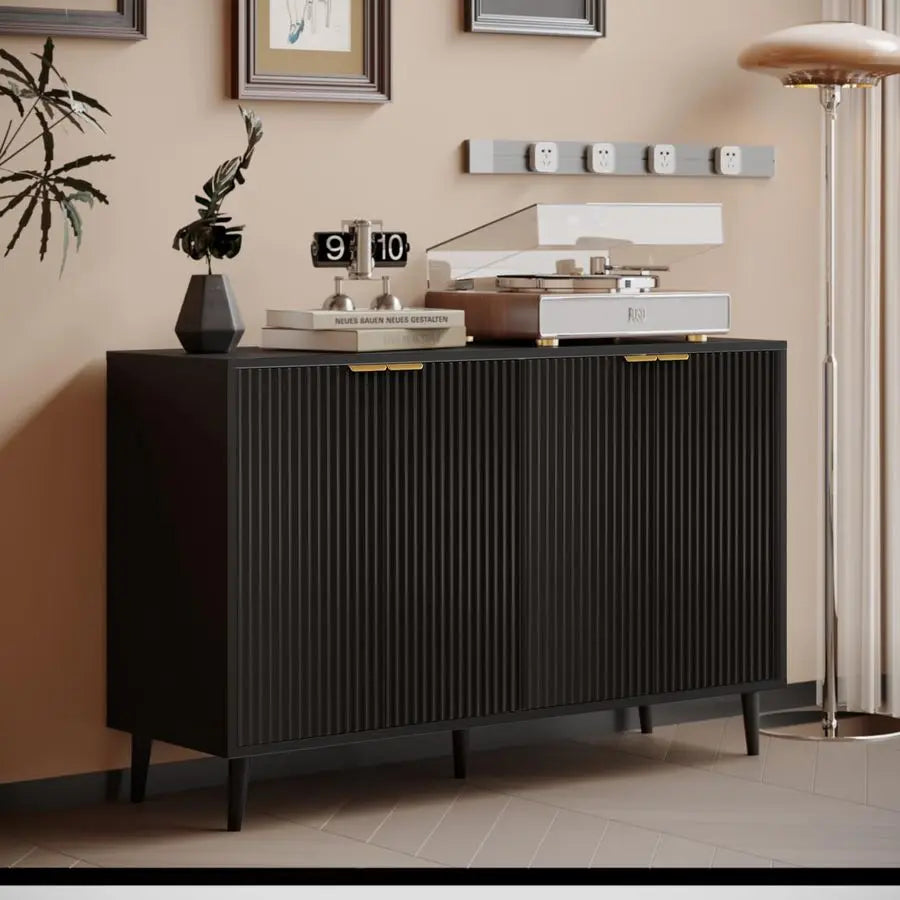 Buffet Cabinet with Storage, Fluted with 4 Doors and Adjustable Shelves, Accent Cabinet with Solid Wood Feet, Sideboard for Kitc
