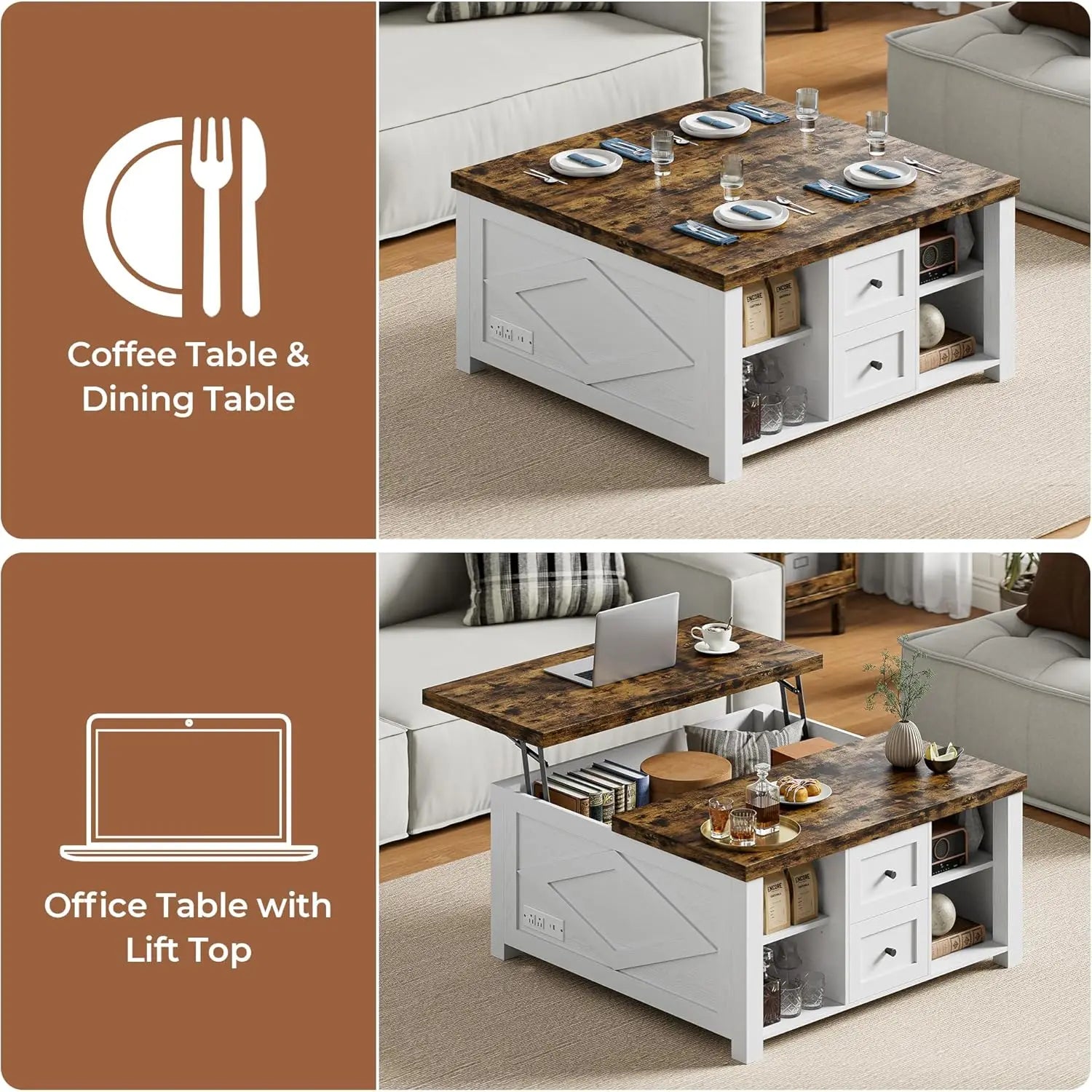Lift-Top Coffee Table with Storage – Square Living Room Table with Charging Station & Drawers