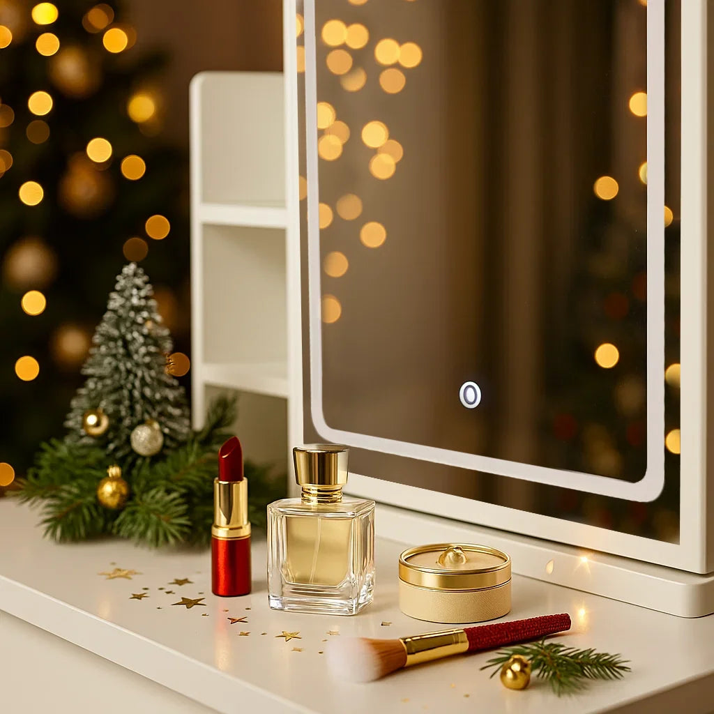 Holiday Makeup Vanity Desk with Mirror & Drawers, Modern Dressing Table with Storage for Bedroom, Space-Saving Gift