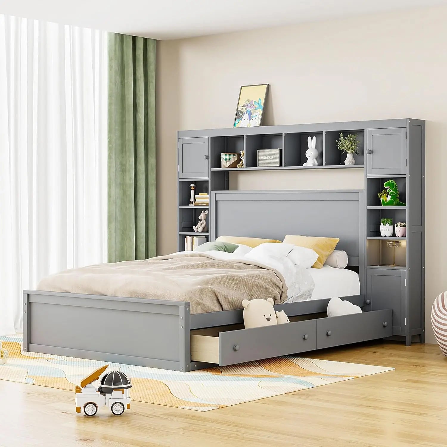 Solid Wood Storage Bed with Bookcase Headboard – Platform Bed with Trundle & 2 Drawers