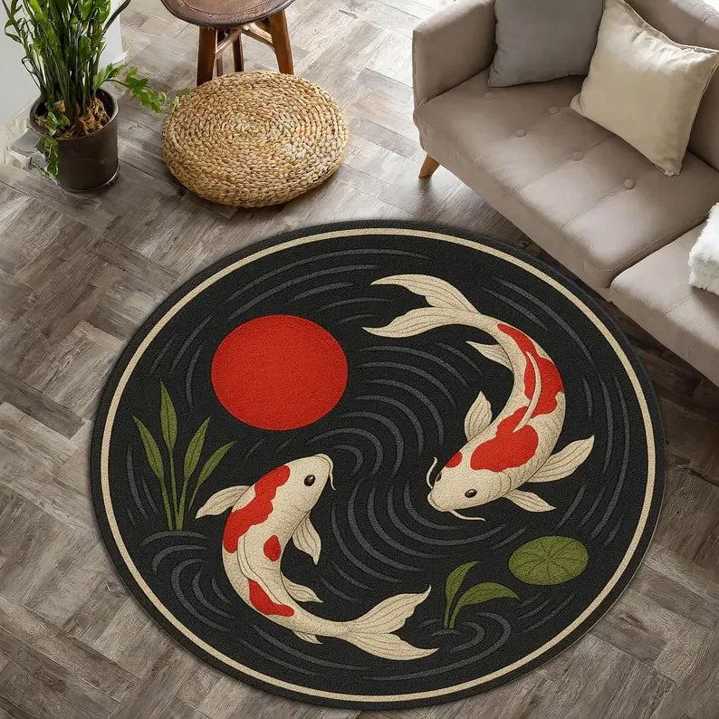 Japanese Koi Fish Round Rug Zen Living Room Living Room Bedroom Home Decoration Carpet
