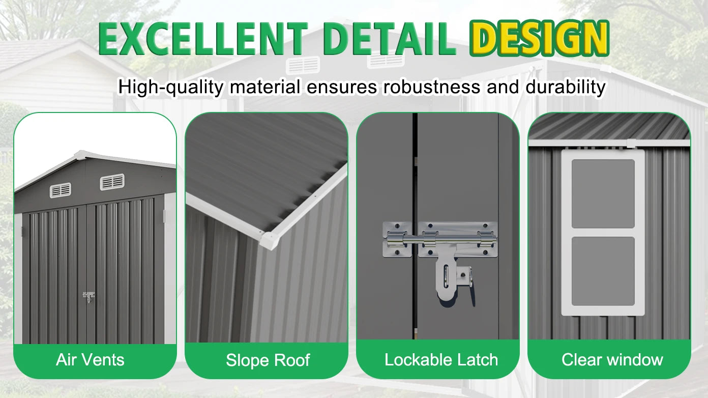 SUSUA10x12FT Outdoor Storage Shed  Metal Garden Shed with Double Door Two Window Waterproof Tool Shed for Backyard Patio Lawn