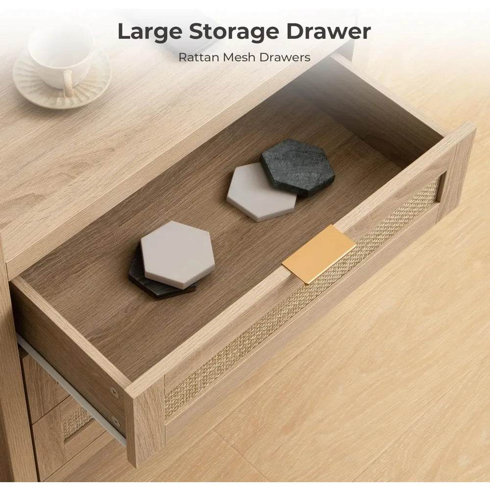 SICOTAS Rattan Nightstand Bedside Table - Larger Night Stand with Type-C Charging Station, 3 Drawers Storage - Boho Night Stands