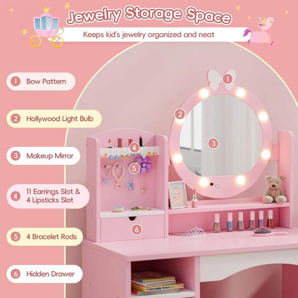 Princess Vanity Set for Kids with Mirror, Lights, Storage, and Cushioned Seat in Pink