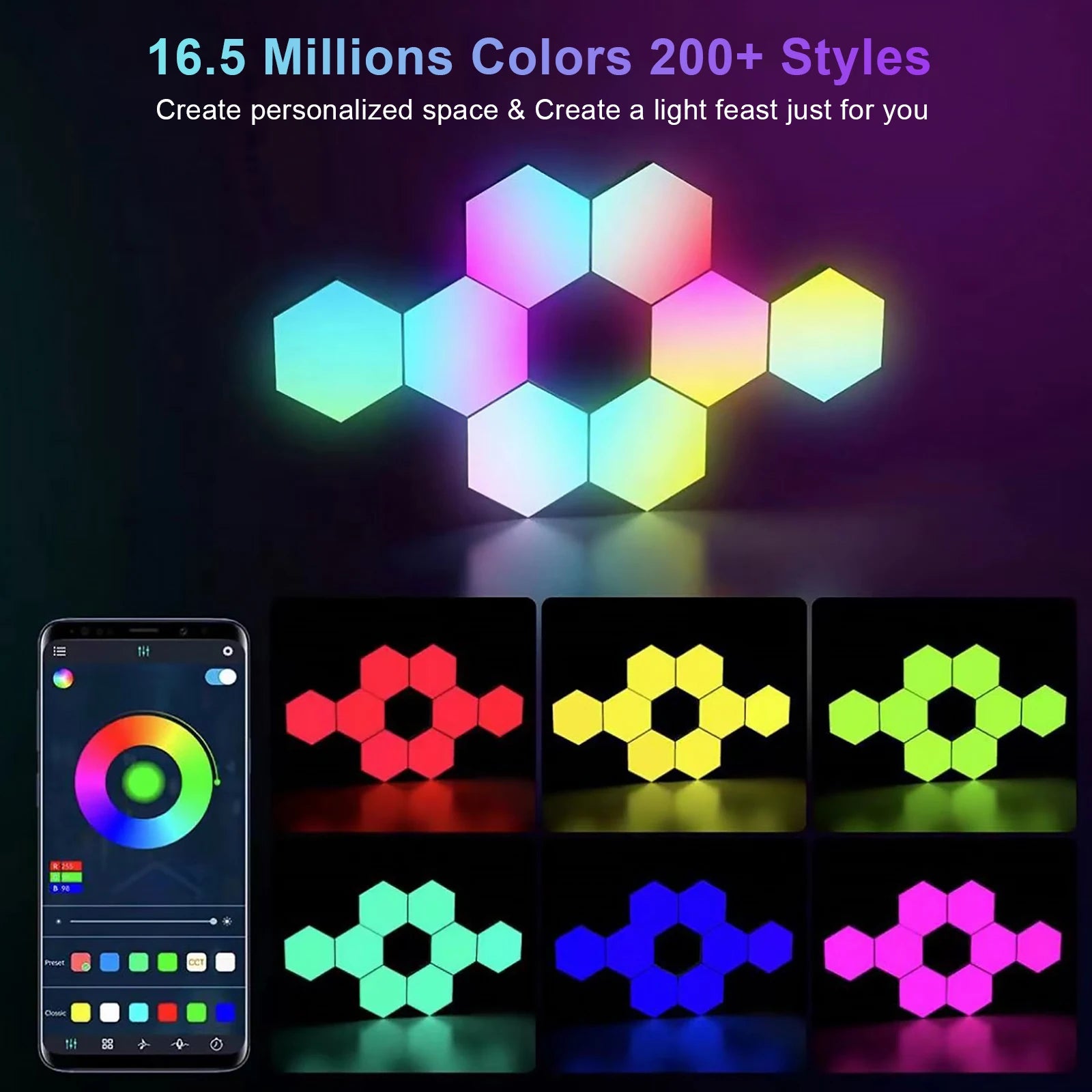 8/10/12 Pcs Hexagon LED Lights Modular DIY Hexagon Wall Light APP and Remote Control Smart RGB Gaming Light for Bedroom