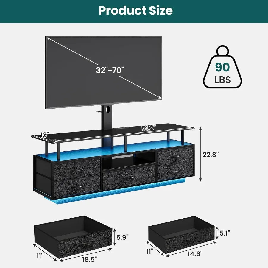 51.2inch Black TV Stand with Mount for 32 55 65 70 inch TVs Featuring Builtin Power Outlets and Ample Storage Space Ideal for L