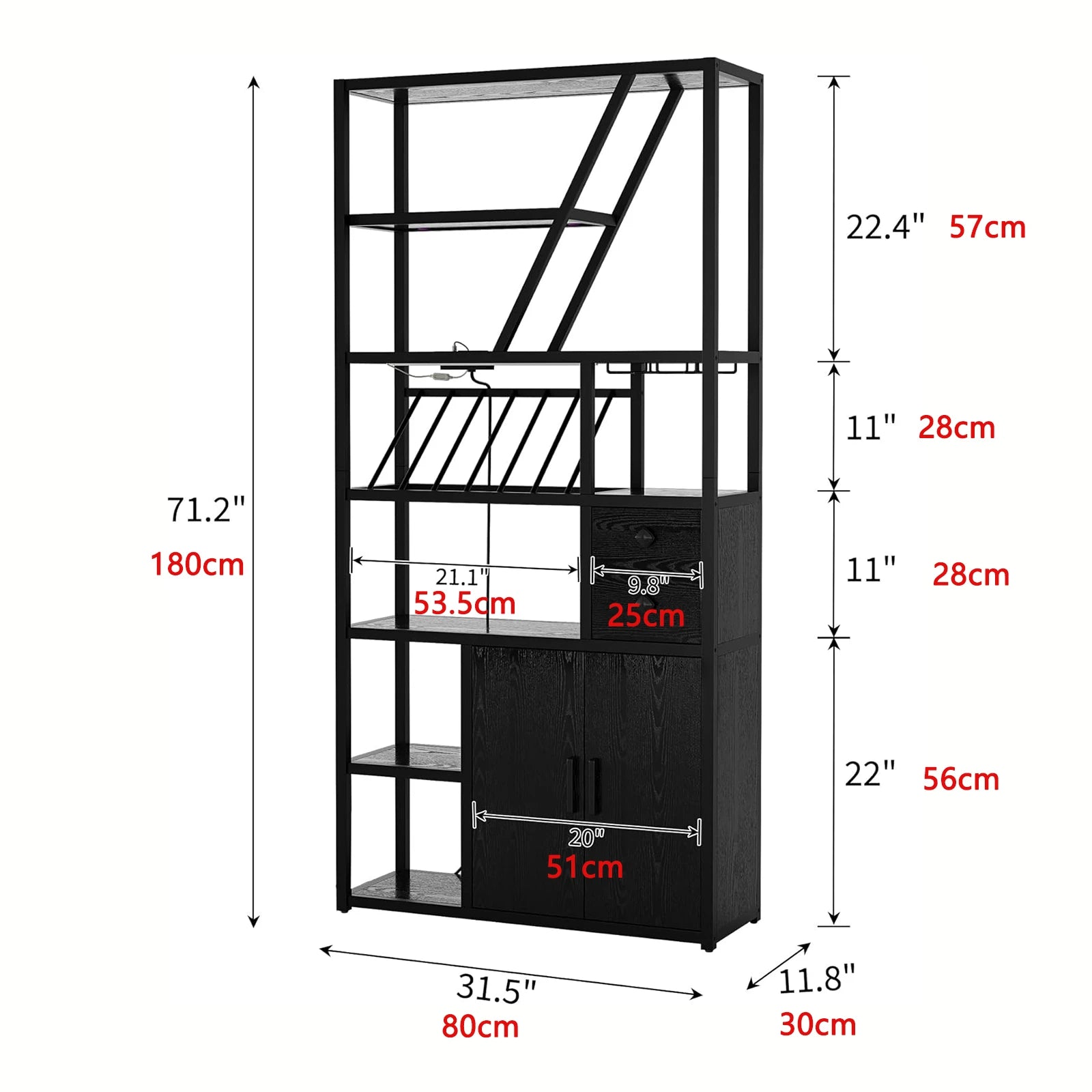 Freestanding Bar Cabinet – Wine Rack Liquor Stand with Glass Holder & LED Lights