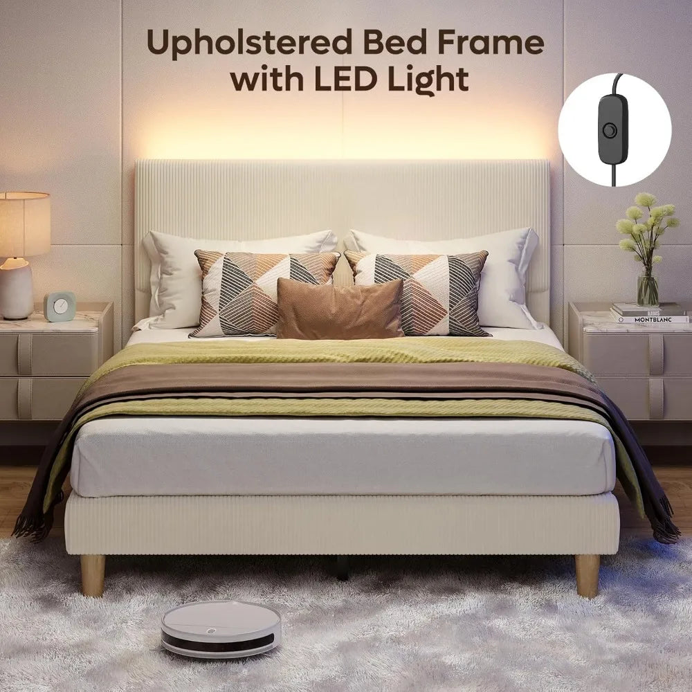 Queen Upholstered Bed Frame with Adjustable Headboard – LED Lighting & Corduroy Channel Tufting