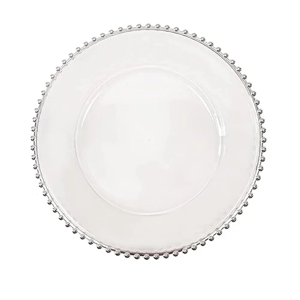 Clear Acrylic Charger Plate with Gold Beaded Rim – Decorative Dinner & Serving Plate
