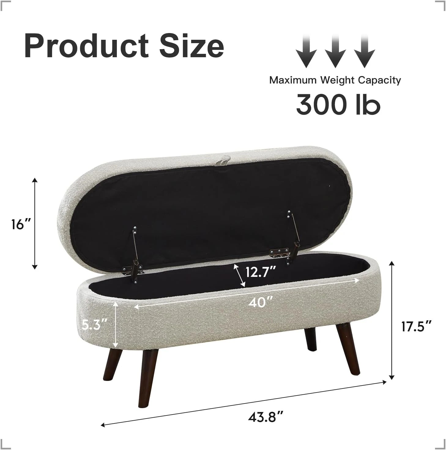 Bouclé Storage Ottoman Bench – 43.8″ Oval Flip-Top with Wood Legs