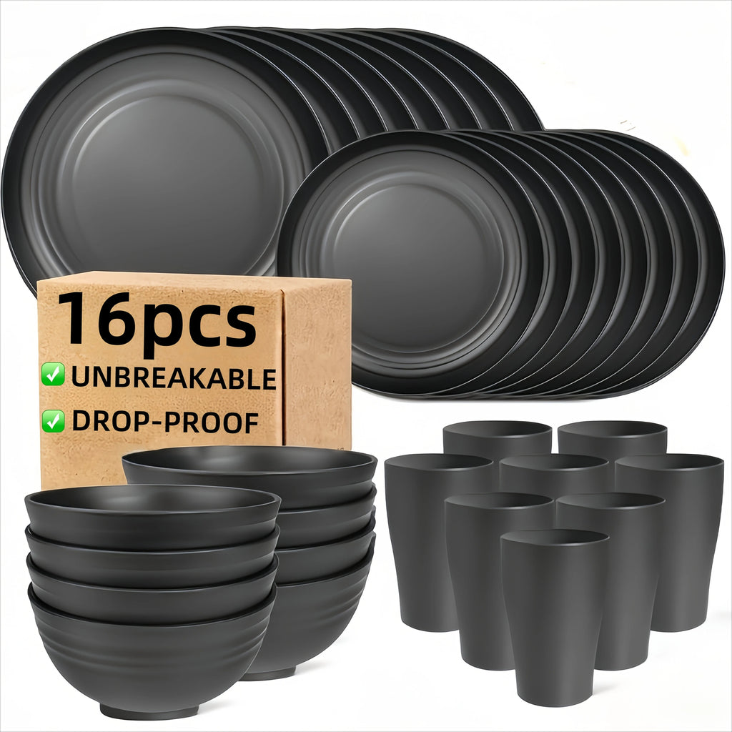 16-Piece Unbreakable Plastic Dinnerware Set – Microwave & Dishwasher Safe Plates, Bowls & Cups