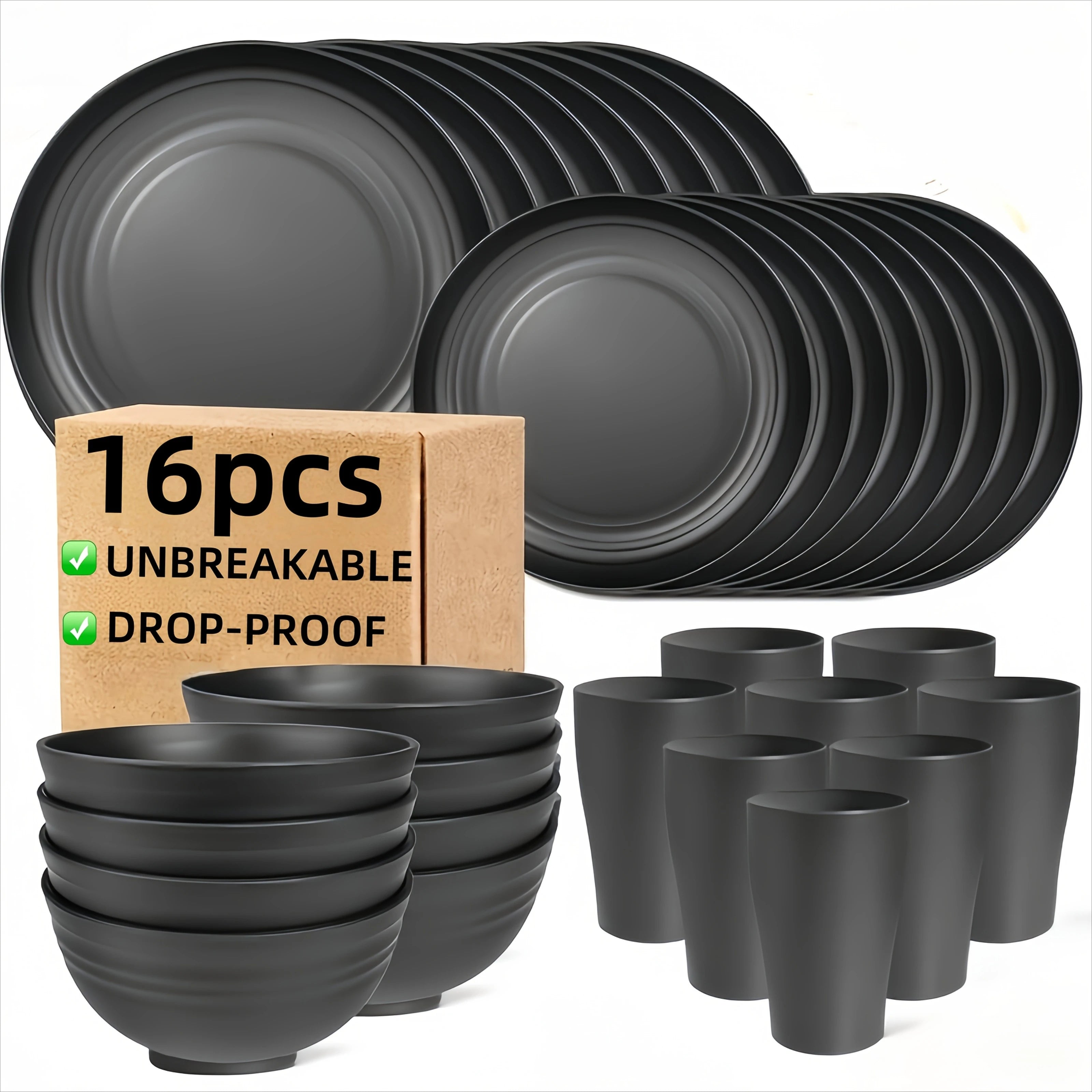 16-PC Unbreakable Plastic Dinnerware Set | Microwave & Dishwasher Safe Plates Bowls Cups | Heavy Duty Home/Commercial Use