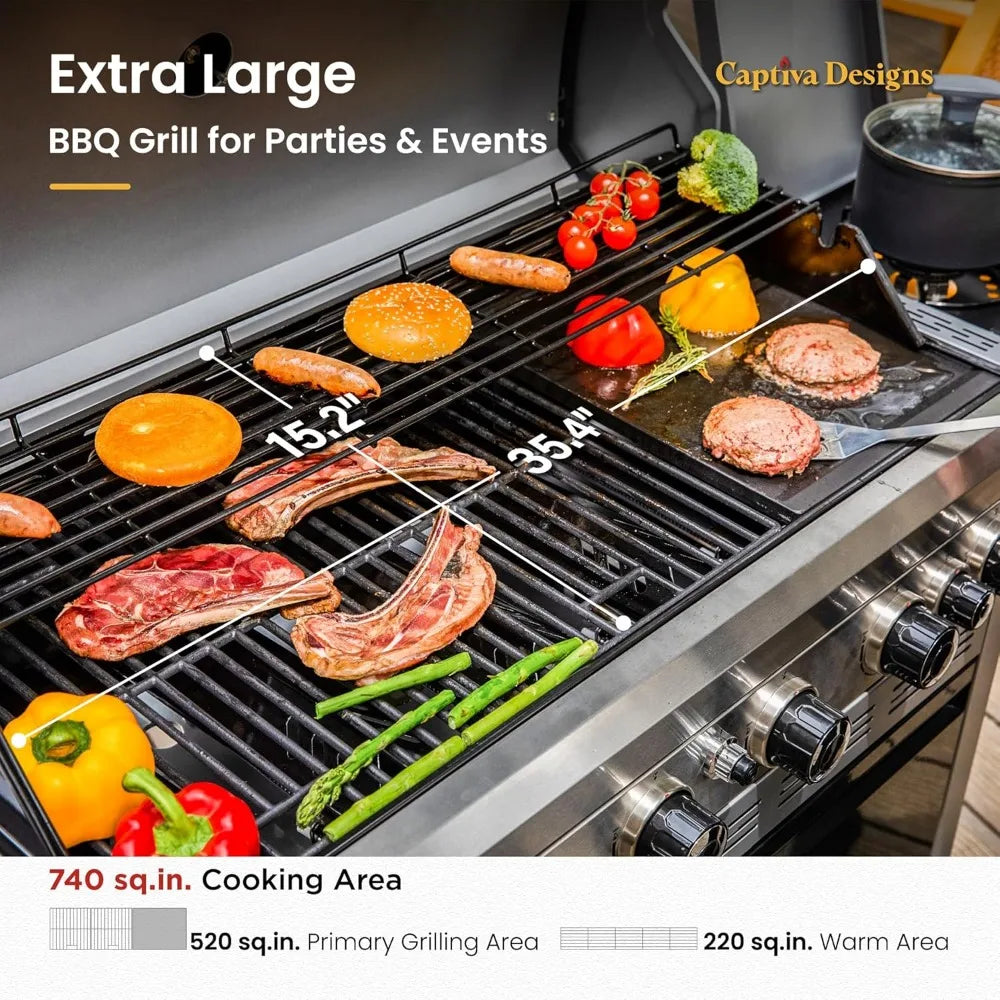 6-Burner Propane Gas BBQ Grill with Side Burner & Porcelain-Enameled Cast Iron Grate and Plate for Outdoor Barbucue Events, 52,