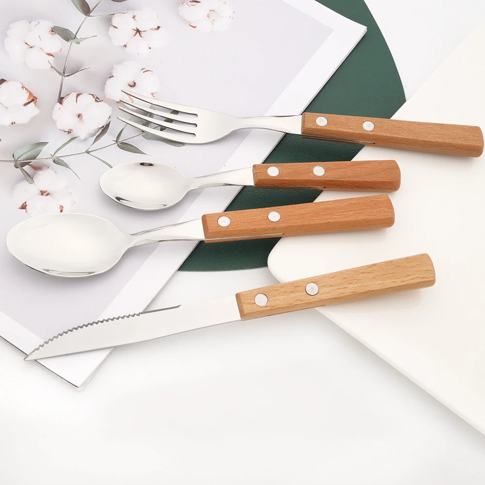 6/24Pcs 304 Stainless Stee Cutlery Set Luxury Wooden Handle Dinnerware Flatware Set Kitchen Western Knife Spoon Fork Tableware