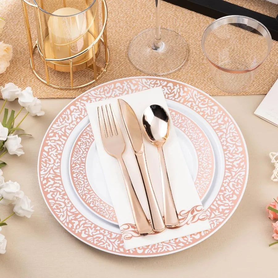 700PCS Rose Gold Plastic Dinnerware Set for 100 Guests Disposable Plates for Party Wedding Include 100 Rose Dinner Plates 100 D