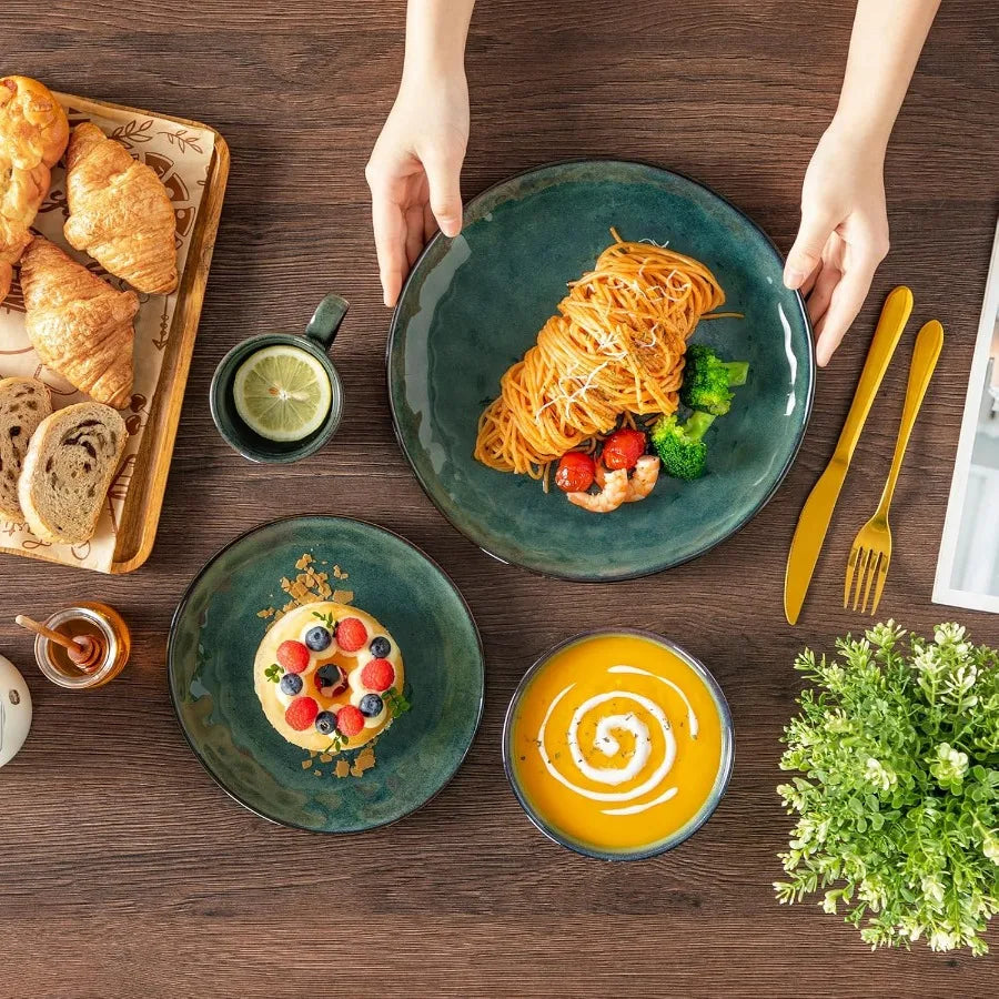 Starry 16 Pieces Green Dinnerware Set Reactive Glaze Dinner Sets Plates and Bowls Set for 4 16 Pcs Ceramic Dish Set Stoneware