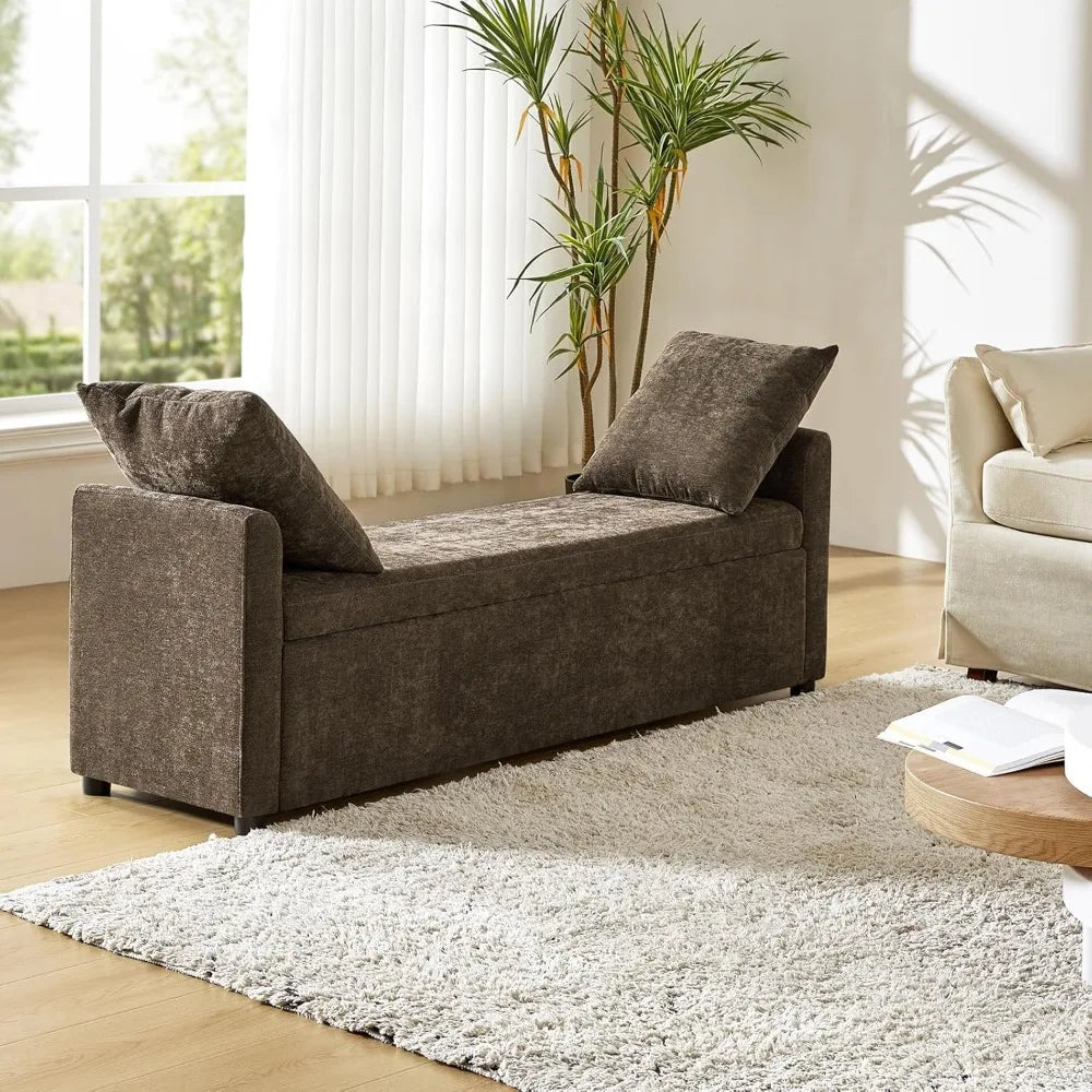 Modern Storage Bench with Throw Pillows – 59.4″ Extra-Long End-of-Bed Ottoman