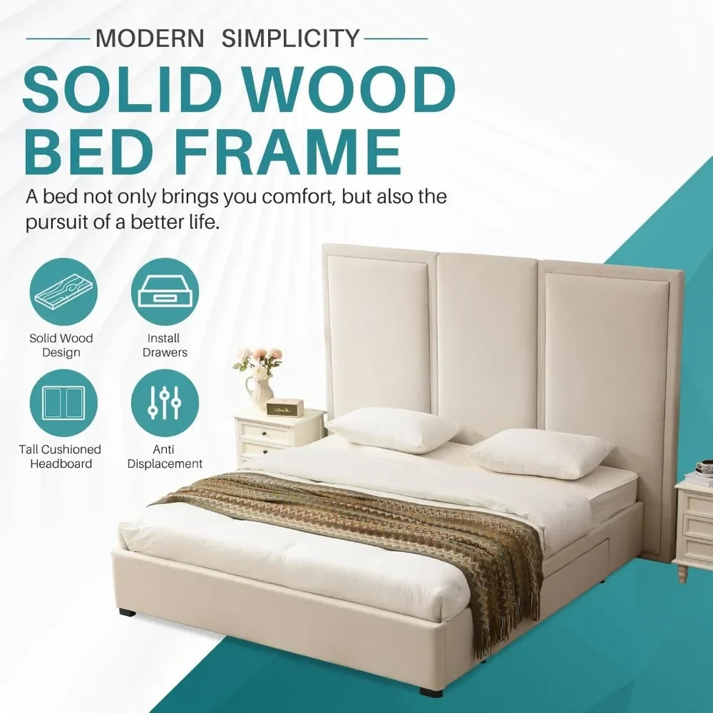 Queen Size Bed Frame Linen Upholstered Platform Bed with 64-inch High Headboard And Underbed Storage Drawers Simple Airey Design