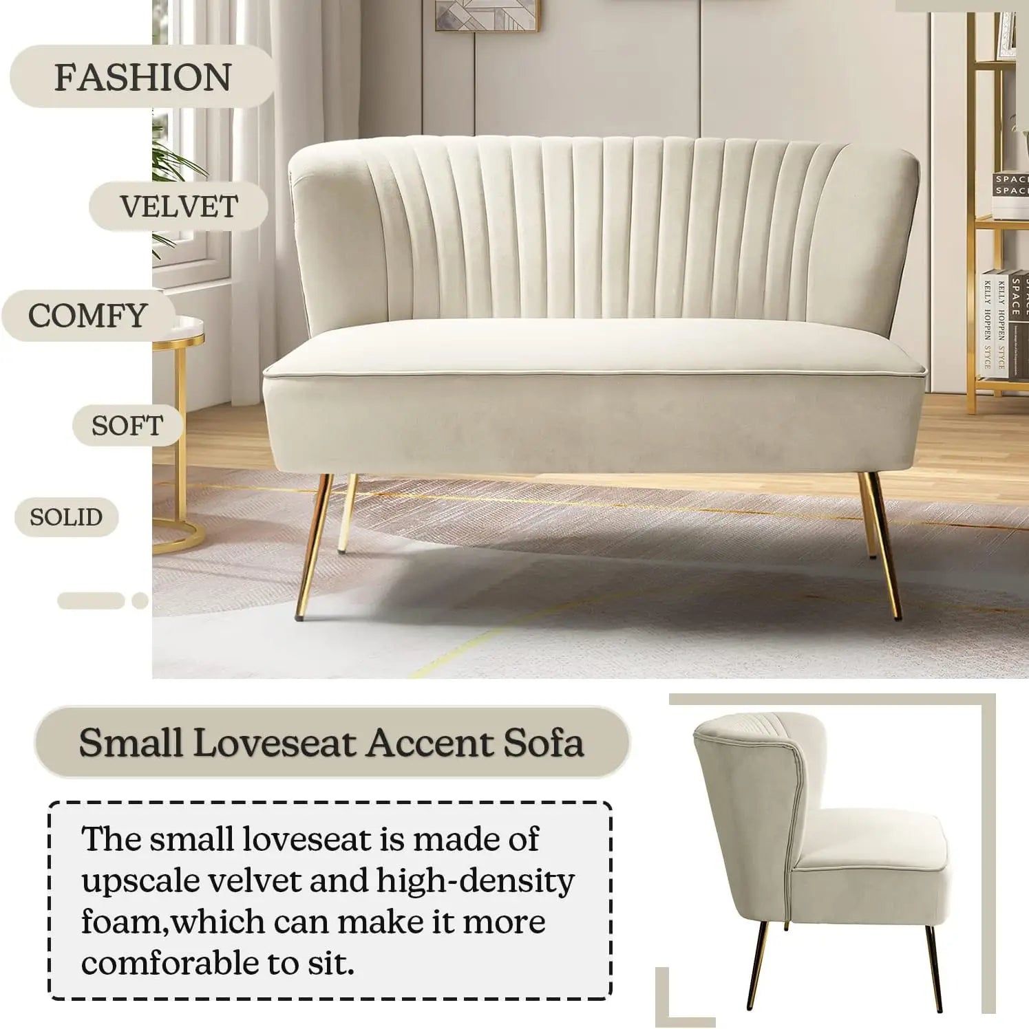 Contemporary Velvet Loveseat Sofa, Tufted 2-Seat Couch with Metal Legs, TAN