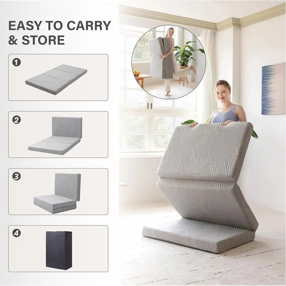 6 Inch Full Size Folding Memory Foam Mattress Topper with Washable Cover, Travel and Guest Bed, 75 x 54 x 6, Grey