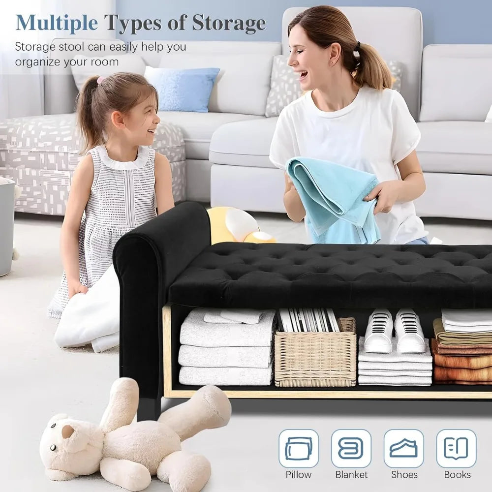 Velvet Upholstered Storage Ottoman Bench – Black Button-Tufted with Arms