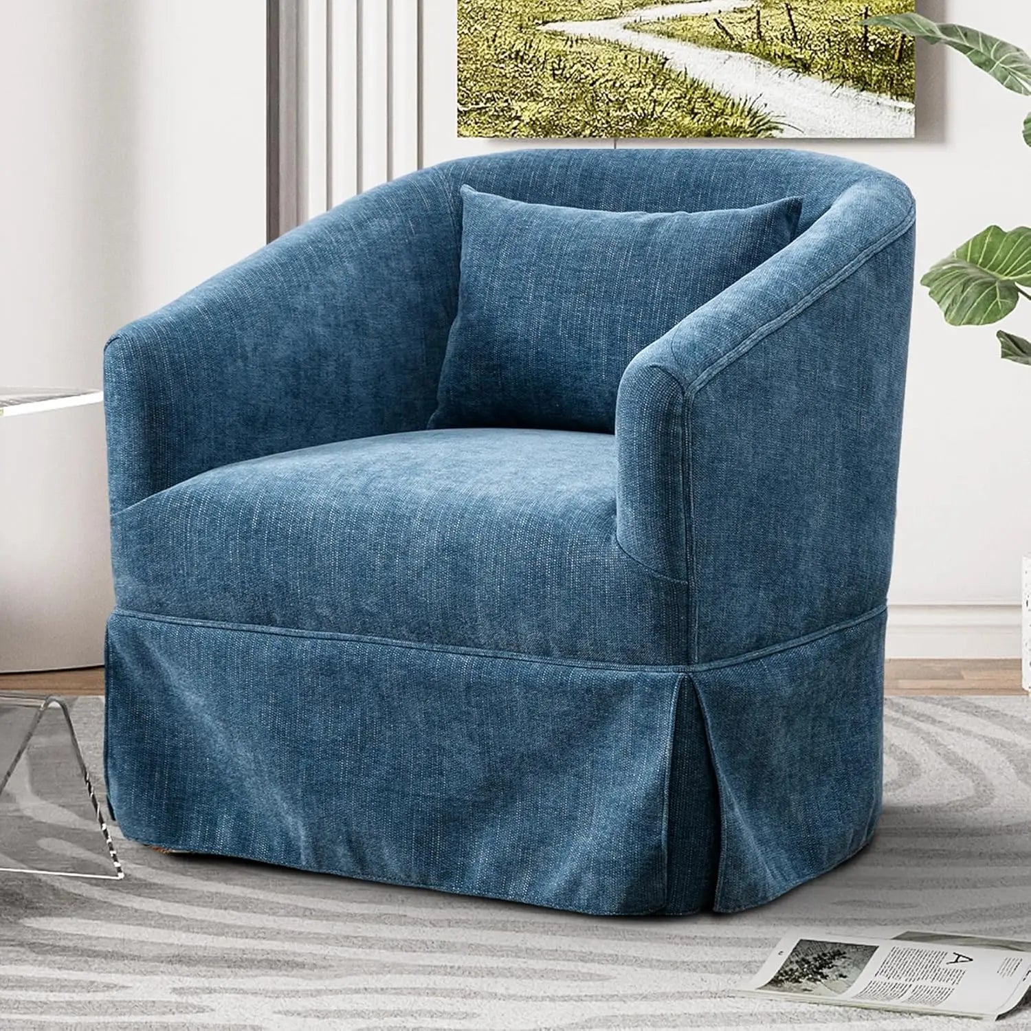 Swivel Accent Chair – Modern Chenille Barrel Chair with Skirt
