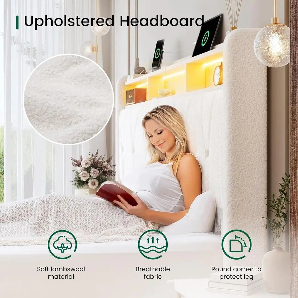 King Size Upholstered Bed Frame with 4 Storage Drawers – Bouclé Headboard, LED Lights & Charging Station