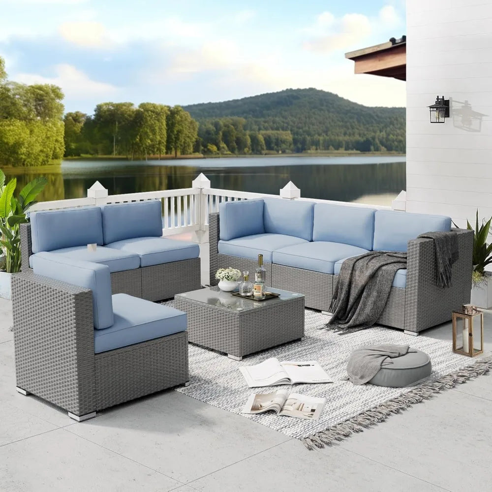 Outdoor Patio Furniture Set 7 Piece Outdoor Sectional Sofa Grey Wicker Conversation Sofa Set with Coffee Table and Cush