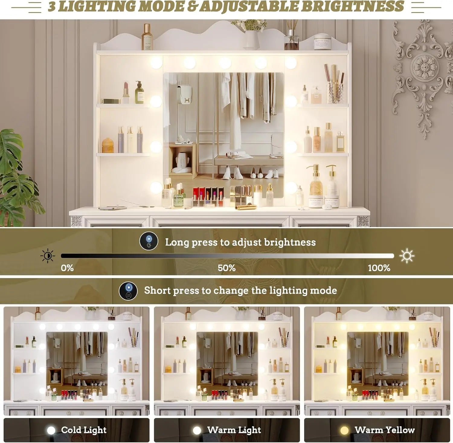 Makeup Vanity Desk with Mirror, Lights & Charging Station, 6 Drawers, White Bedroom Dressing Table