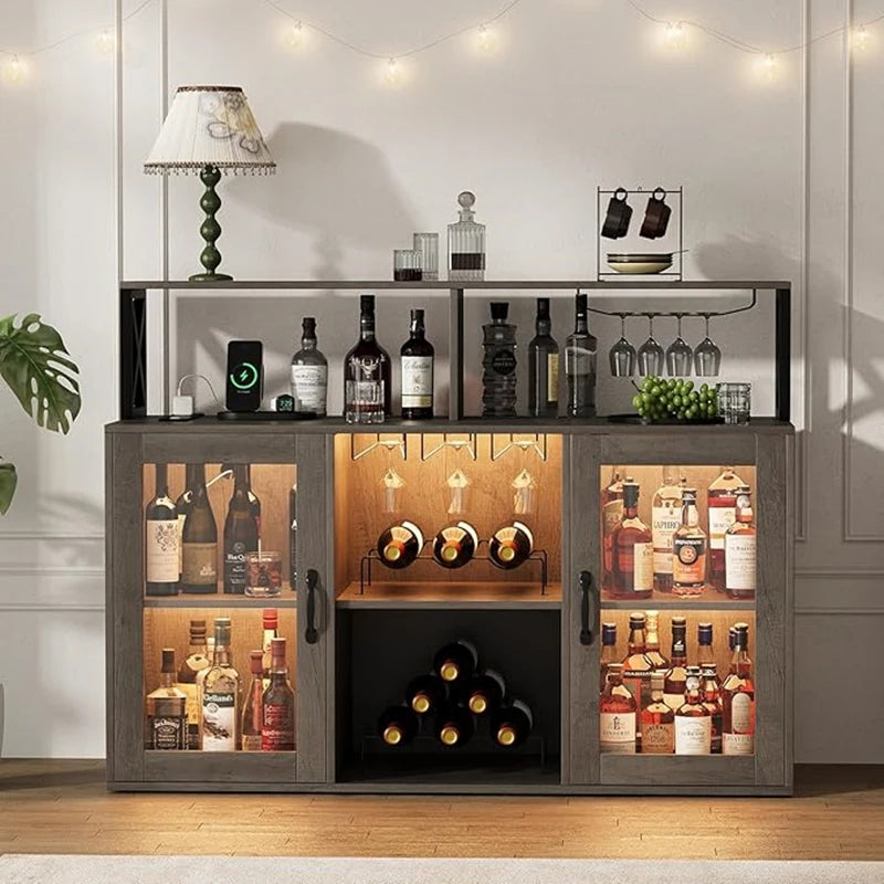 Wine Bar Cabinet with LED Light – Tempered Glass Doors & Power Outlet