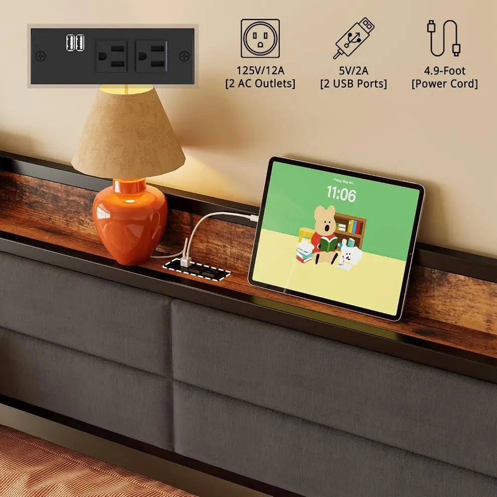 Metal Daybed with Trundle – Upholstered Headboard & Charging Station (Full / Twin XL)