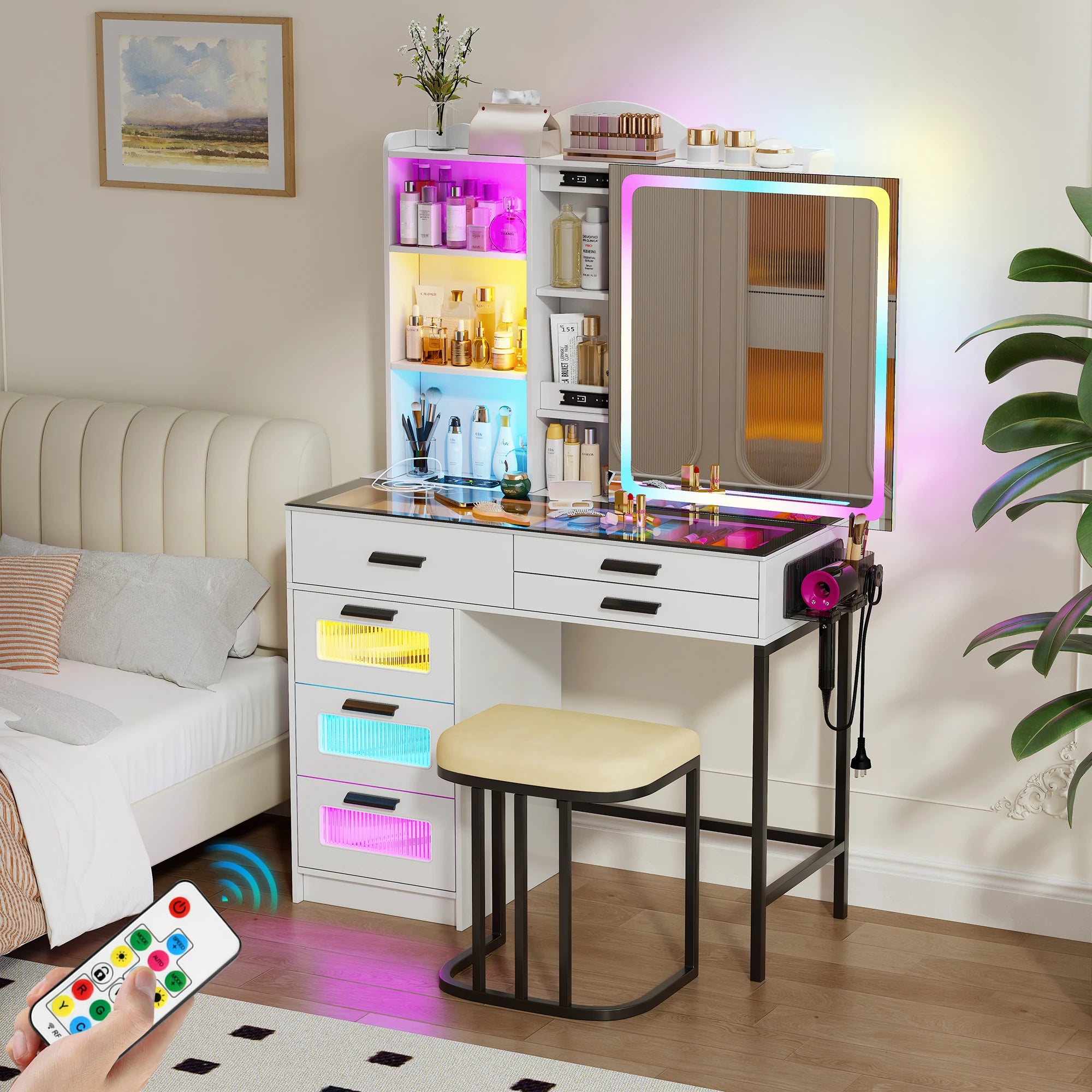 JDPAG RGB Vanity Desk with Sliding Mirror and Lights, LED Makeup Vanity with Charging Station, Glass Top Vanitys Dressing Table