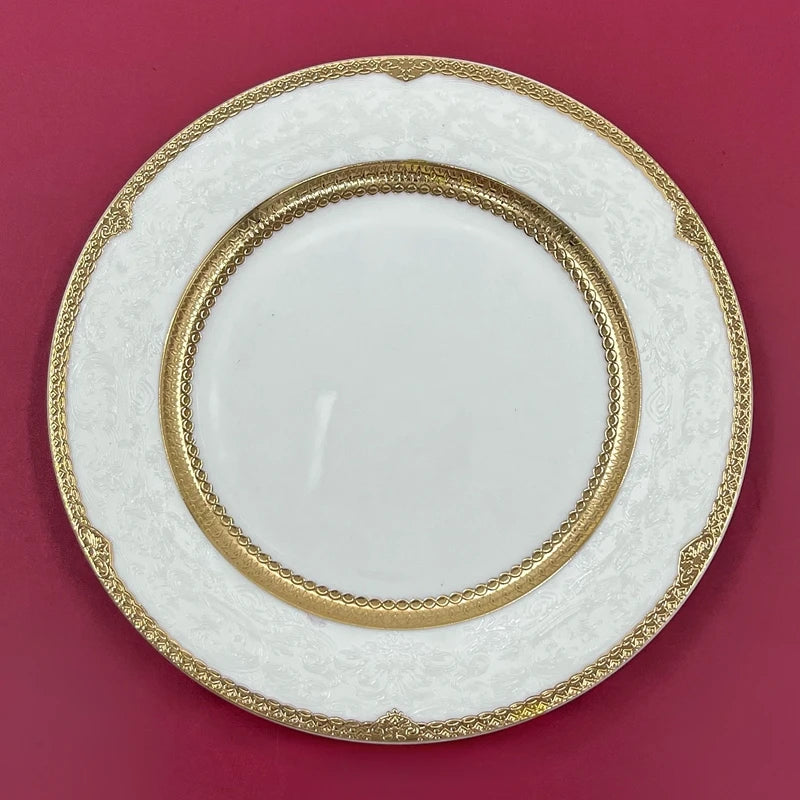 7″ Embossed Disc Bone Plate with Gold Edge – Light Luxury Dinner & Dessert Plate