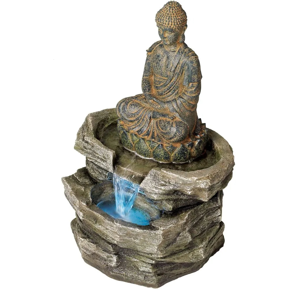Large 21-Inch Zen Asian Style Indoor Outdoor Buddha Statue with Faux Stone Floor Fountain, LED Lighted Waterfall Feature
