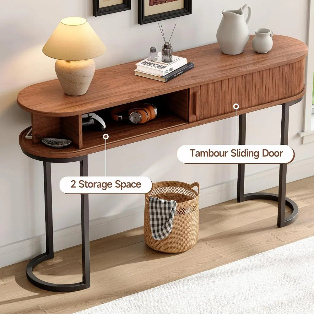 55 Inch Console Table with Sliding Door and 2 Drawers, Entryway Sofa Table with Metal Legs, Long Behind Couch Storage Furniture