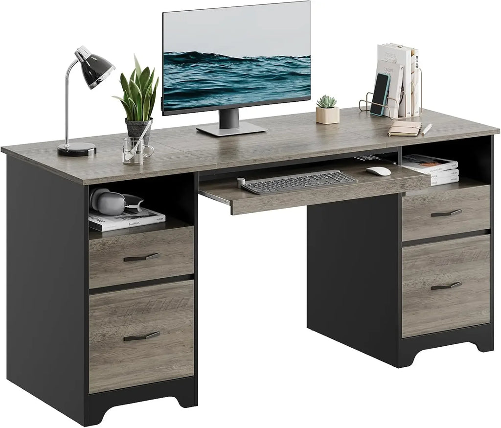 Industrial Executive Computer Desk with 4 Drawers, File Drawer, Keyboard Tray & Dual Pedestals