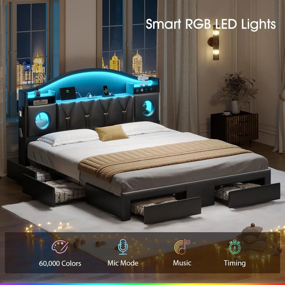 California King Platform Bed Frame with Storage Headboard – LED Lights & 6 Drawers