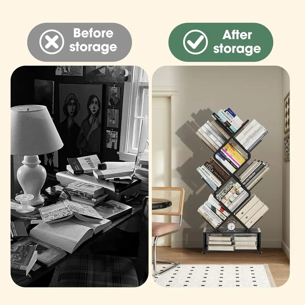 Black Foldable Metal 6-Tier Bookshelf with Storage – No Assembly Required