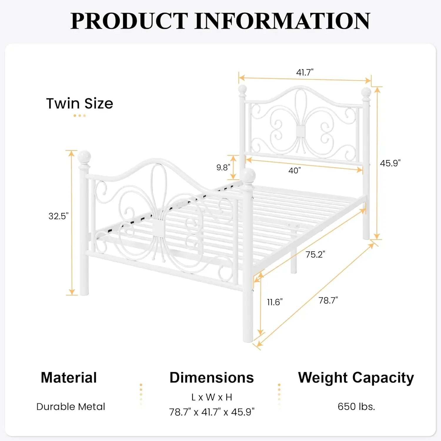 Twin Size Kids Metal Bed Frame – Butterfly Headboard Platform Bed (White)