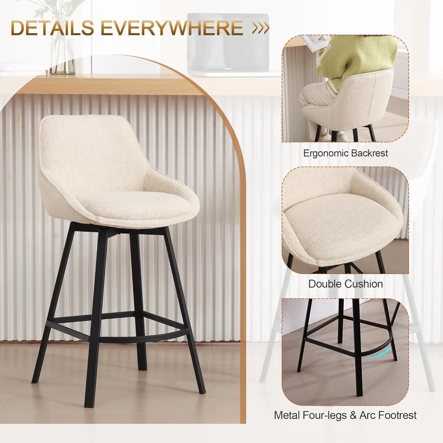 Swivel Counter-Height Bar Stools with Back – Upholstered Linen (Beige)